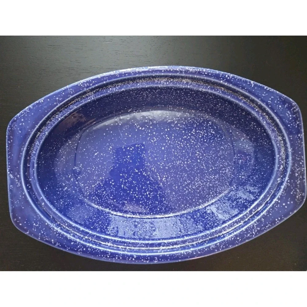 Vtg Oval  Baking  Casserole Dish Cobalt Blue White Speckling Rustic Farmhouse